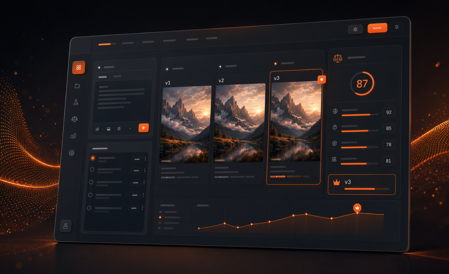 Renderbench interface showing prompt versions, generated images, and judge scores