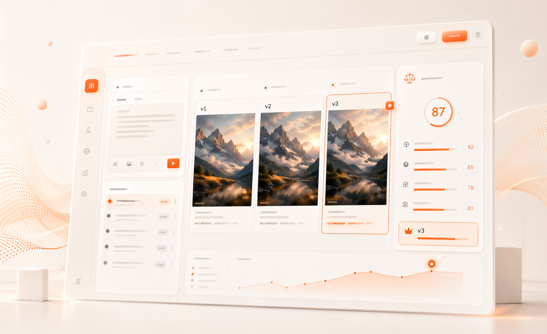 Renderbench interface showing prompt versions, generated images, and judge scores